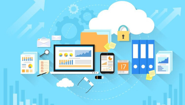 Computer device data cloud storage security flat design vector illustration