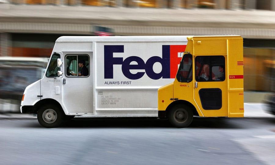 A FedEx van with livery that looks like a DHL van