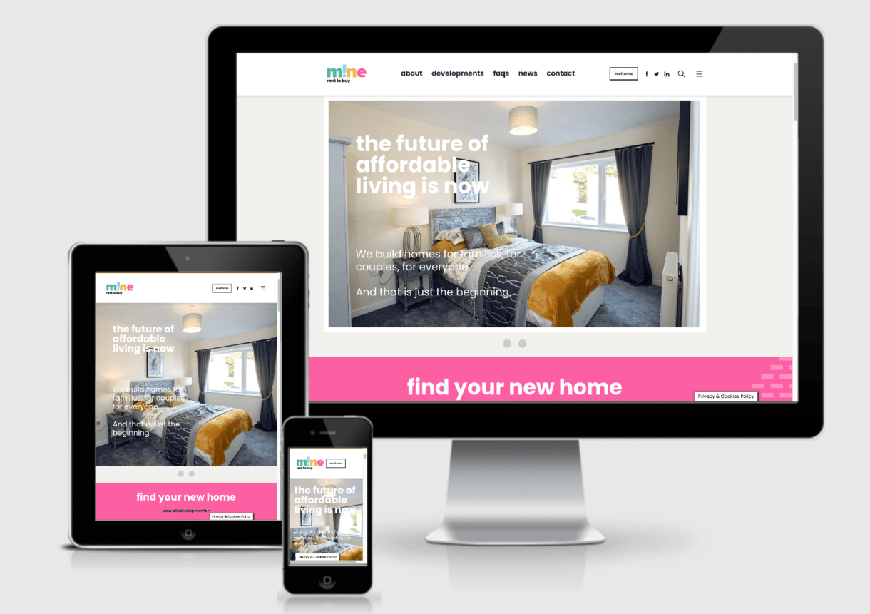 "No place like mine" Believe Housing website shown on several devices.