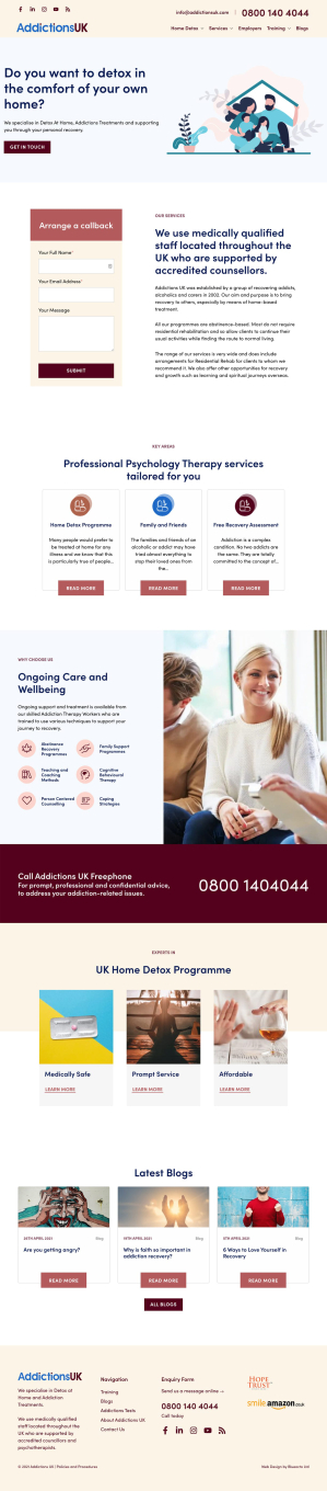 AddictionsUK, custom WordPress Web Design, homepage