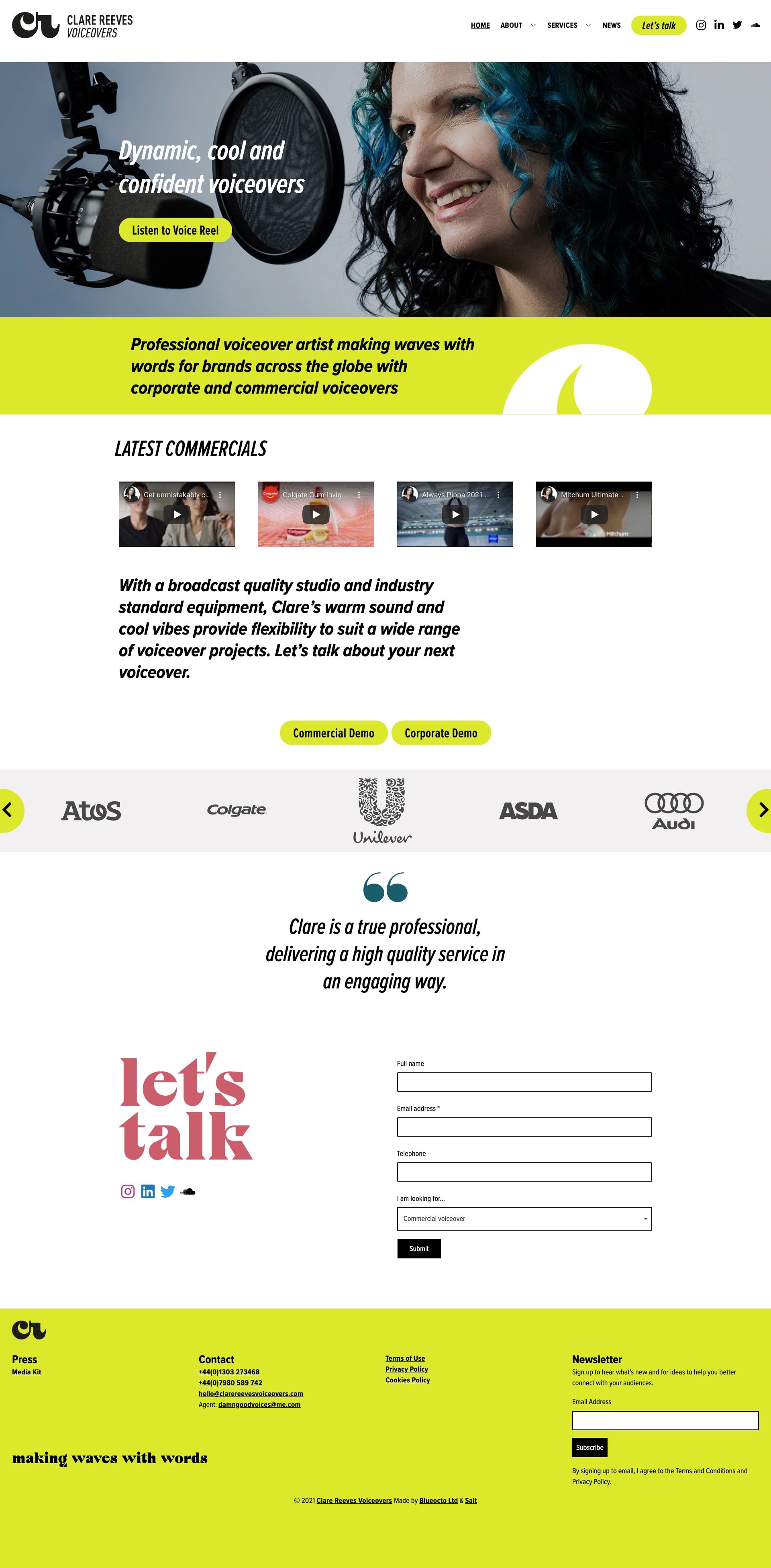 Clare Reeves Voiceovers Homepage Web Design, built on WordPress