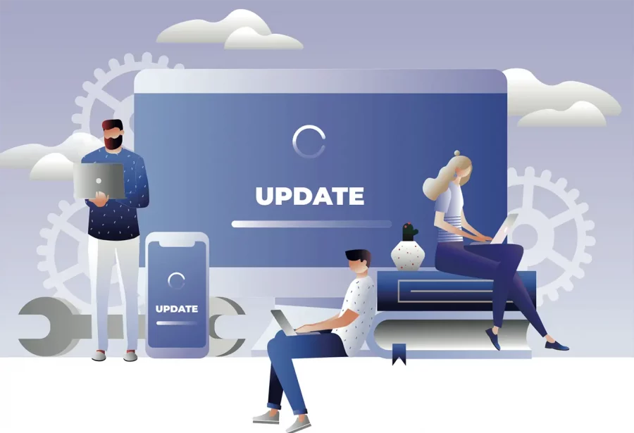 illustration of people sitting with laptops and screens with the word update.