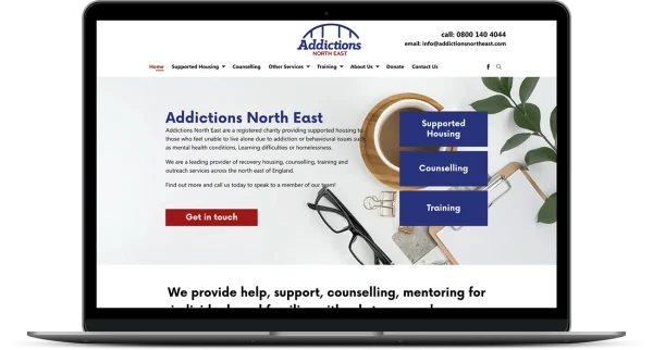 Addictions North East charity. Custom WordPress Web Design and Development