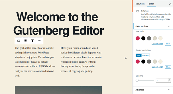 Animation of the Gutenberg editor in WordPress, where you can apply a colour gradient to content.