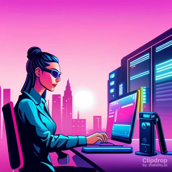 What is Chatgpt? Woman sitting at laptop in retro neon style