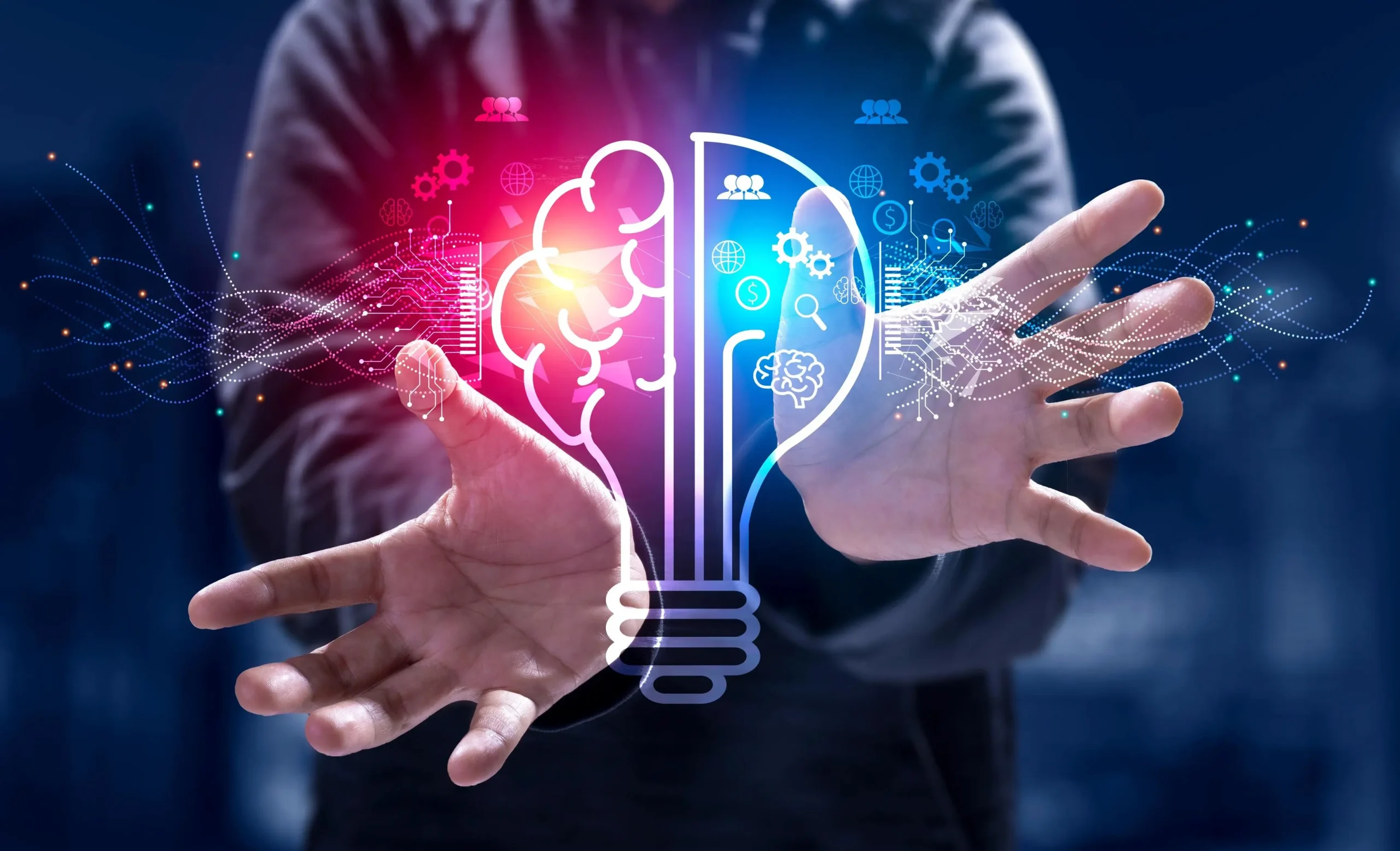 a digital illustration of a man holding a glowing light bulb with a brain and neural